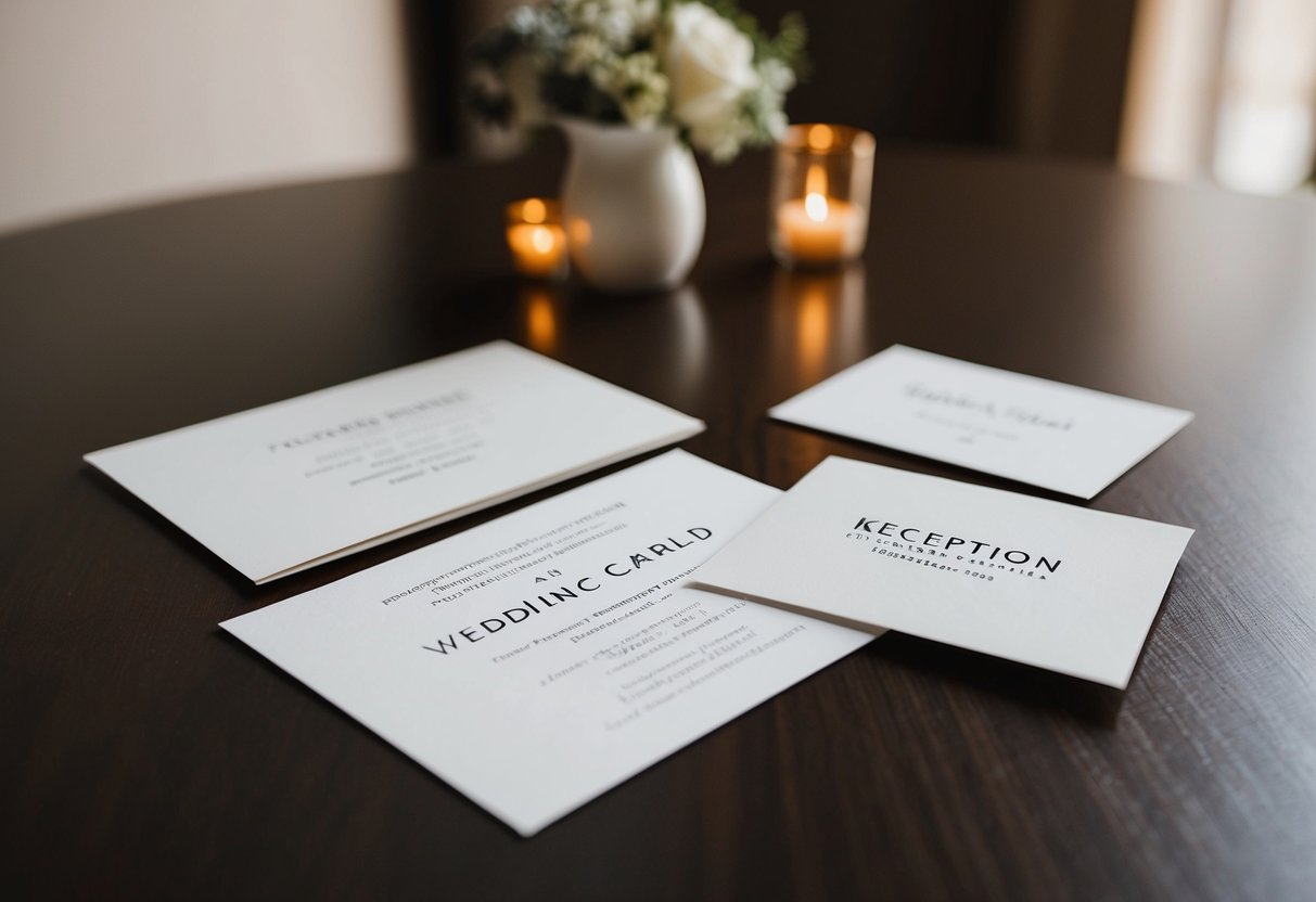 A wedding invitation on a table, with a reception card placed separately nearby
