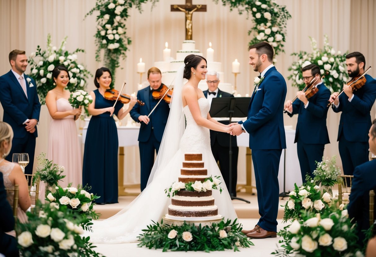 A bride and groom standing at the altar, surrounded by floral arrangements, a tiered wedding cake, and a string quartet playing in the background