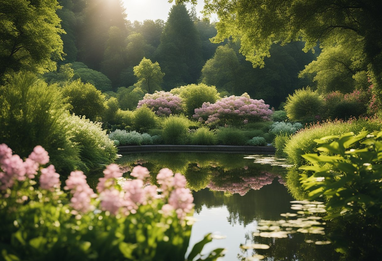 A serene, sunlit garden with blooming flowers, lush greenery, and a peaceful pond surrounded by trees, conveying tranquility and mental well-being