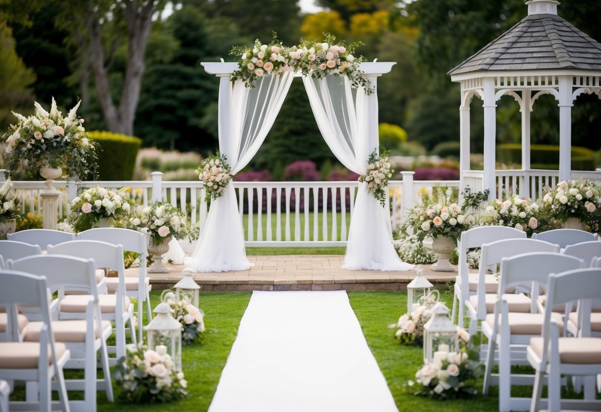 A picturesque wedding venue with floral arrangements, elegant seating, and a charming gazebo. A wedding arch adorned with delicate fabric and flowers stands at the center of the scene