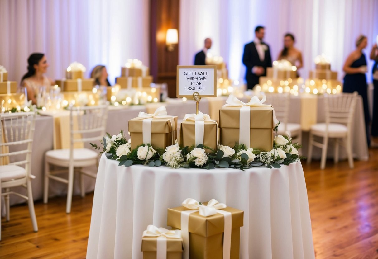 A beautifully decorated wedding reception with a gift table adorned with wrapped presents and a sign indicating where guests can leave their gifts
