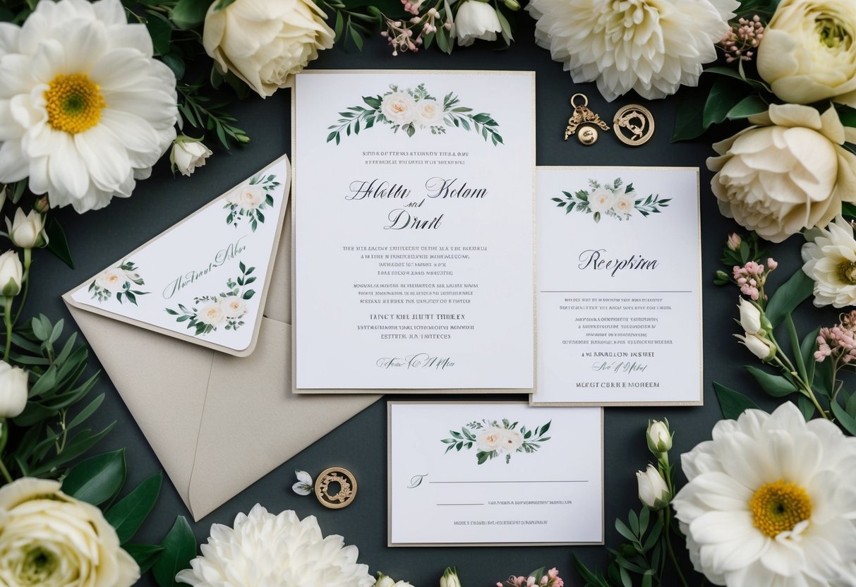 An elegant wedding invitation with a separate reception card, surrounded by floral decorations and an ornate envelope