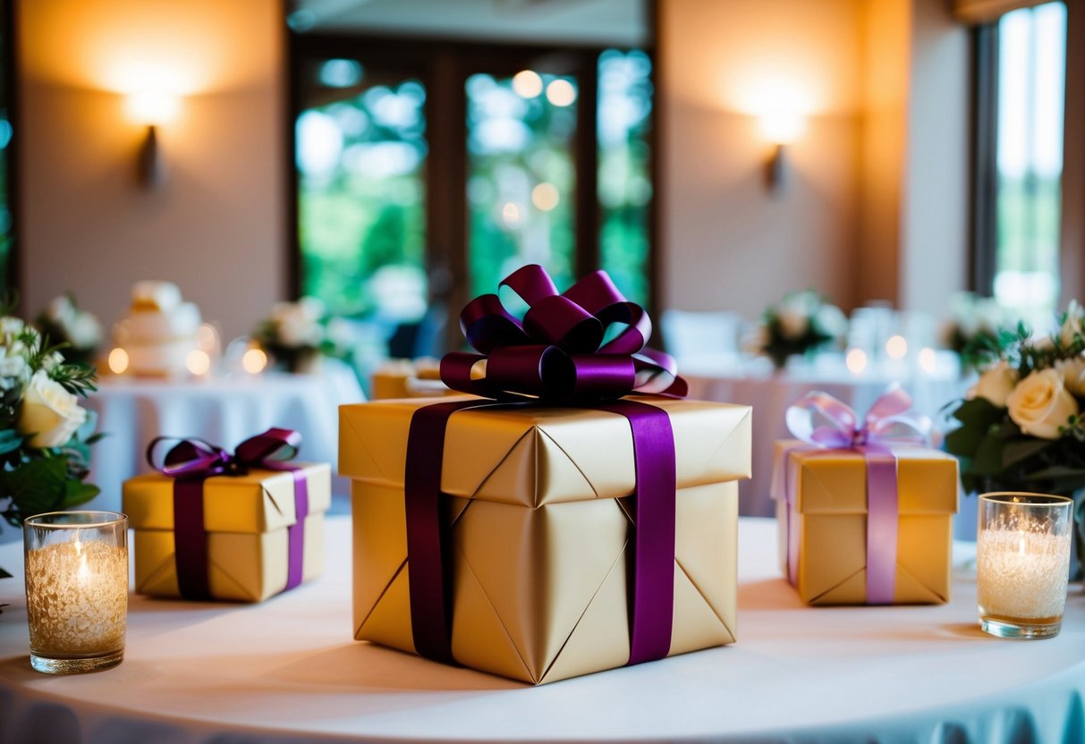 A beautifully wrapped gift box sitting on a table at a wedding reception, surrounded by other presents and decorations