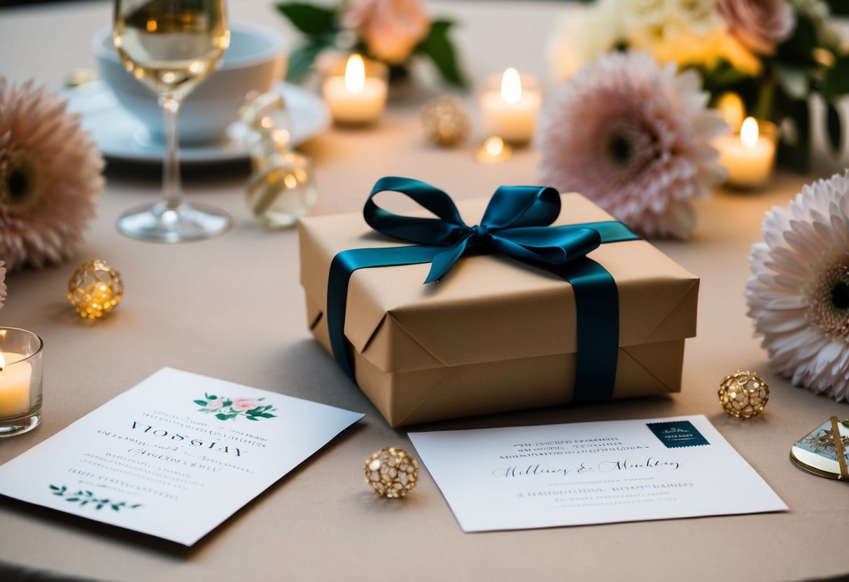 A wrapped gift and a wedding invitation on a table, surrounded by flowers and decorations