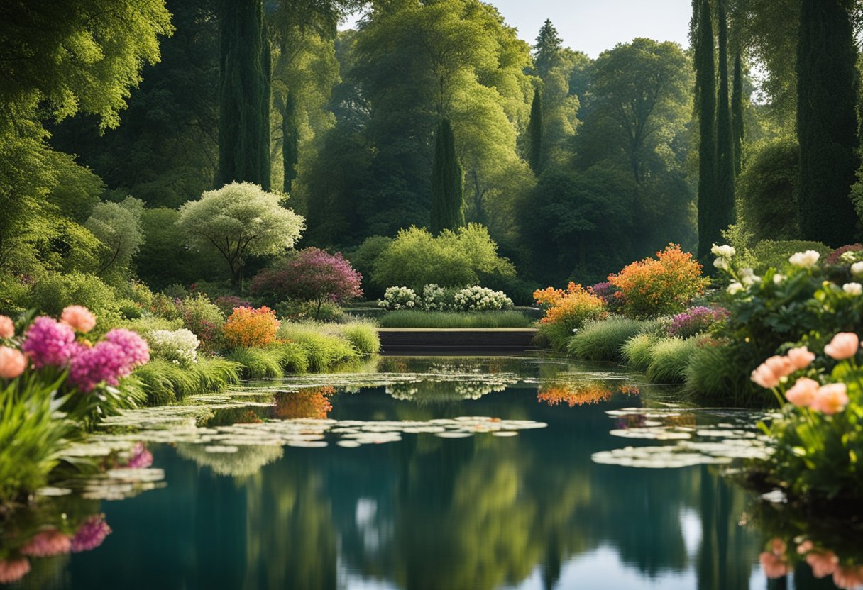 A serene, lush garden with a peaceful pond, surrounded by vibrant flowers and tall trees, with a clear blue sky overhead