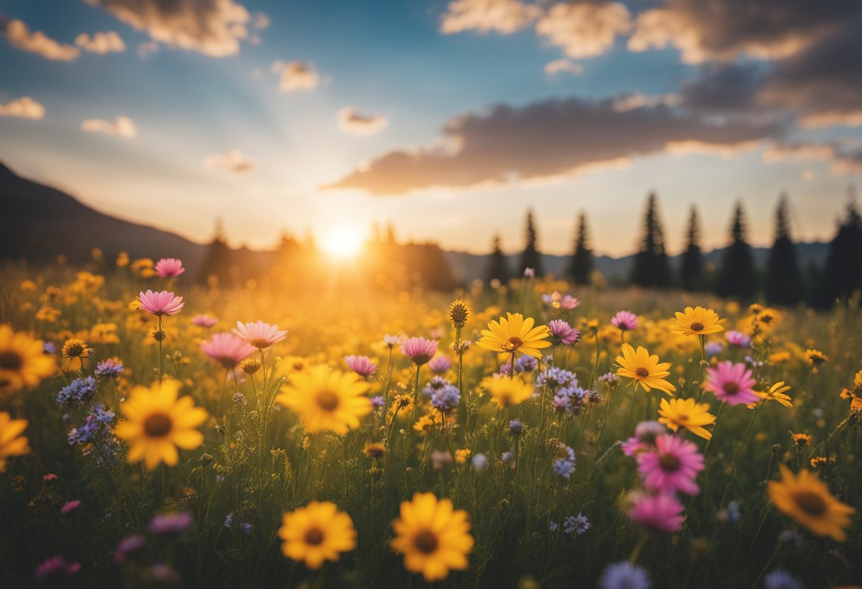 A vibrant sunrise over a peaceful meadow, with colorful flowers and a clear blue sky, symbolizing positivity and optimism for a healthy mindset