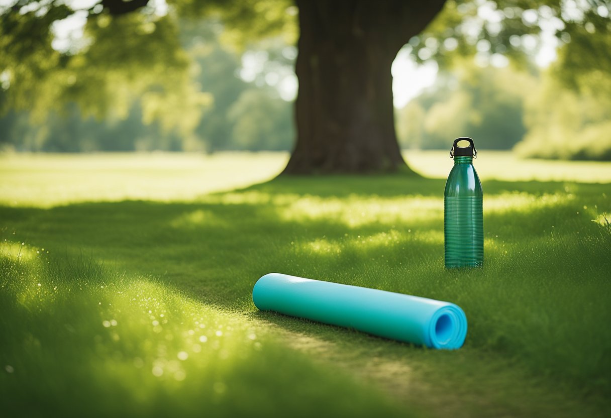 A serene, green park with a winding path, vibrant flowers, and a clear blue sky. A yoga mat and water bottle sit on the grass