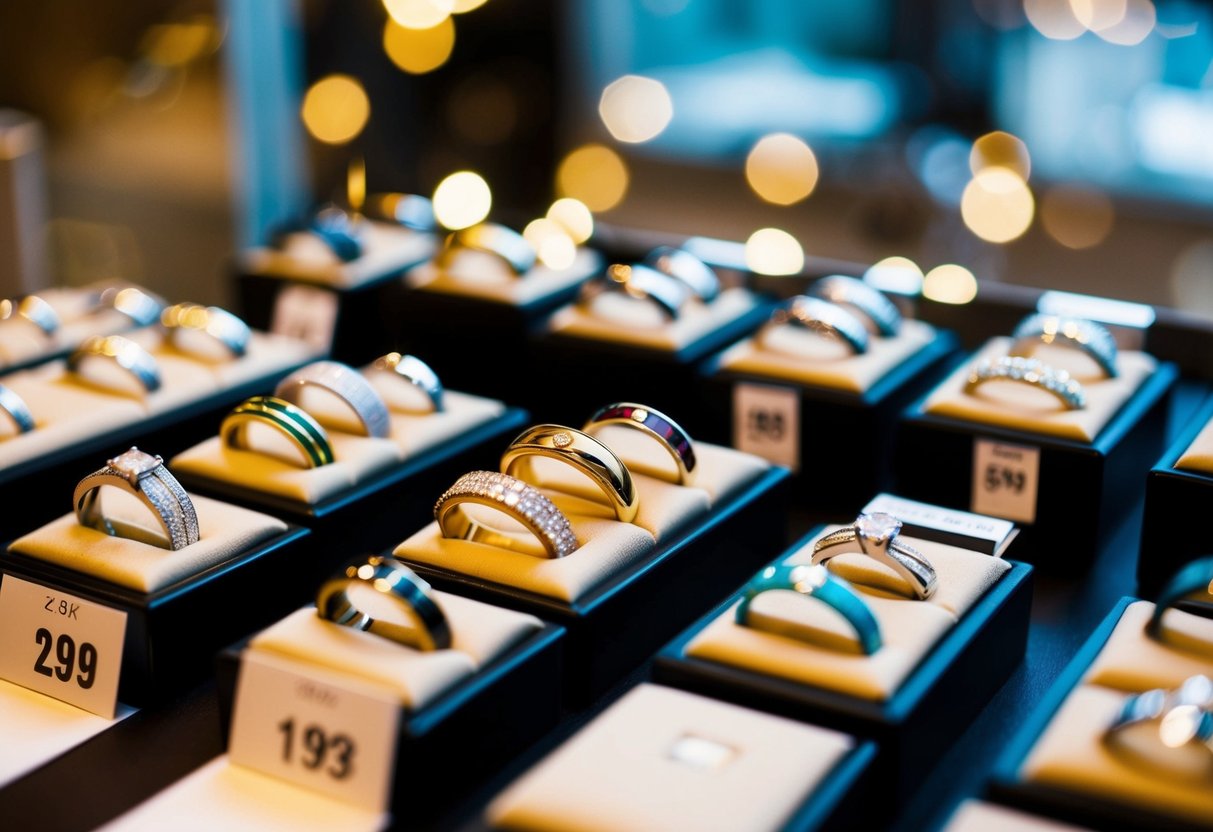 A display of wedding bands in various styles and materials, with price tags visible