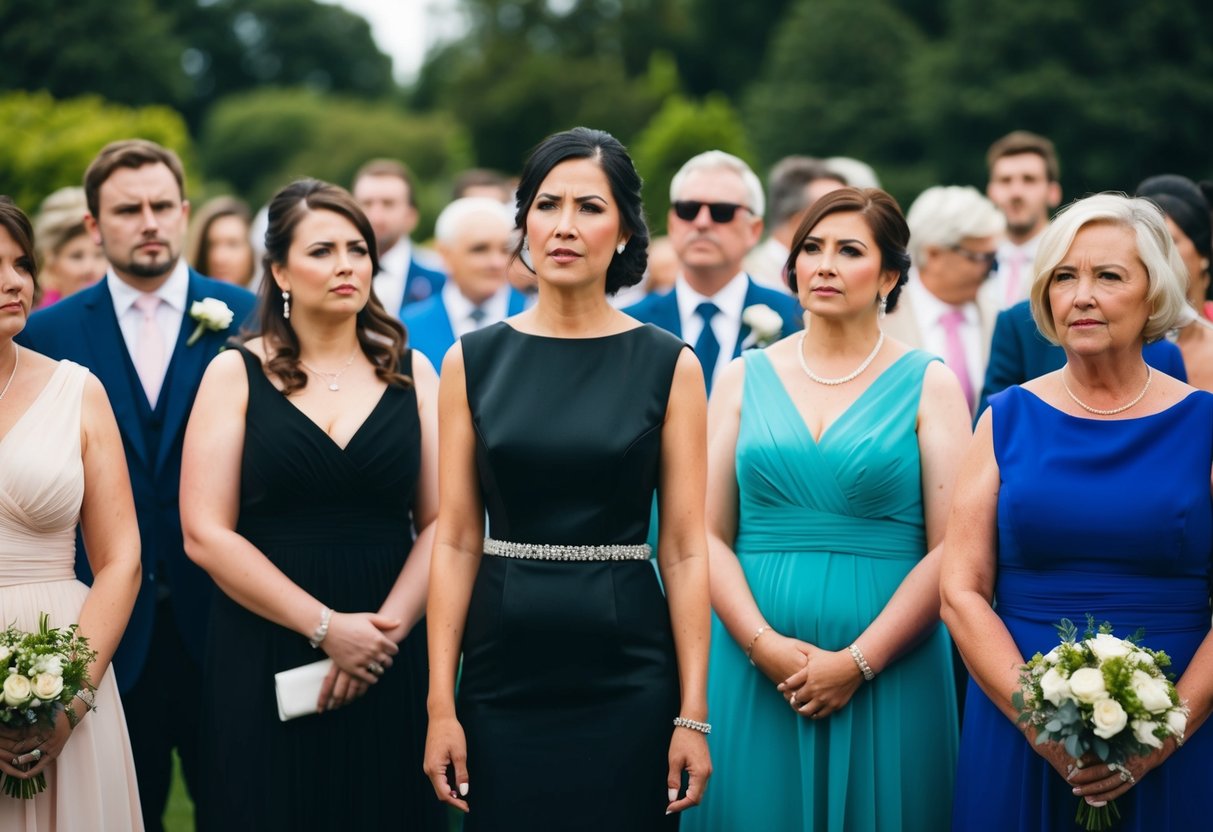 A wedding guest in a black dress stands out among a sea of colorful attire. Some guests give disapproving glances, while others seem unfazed