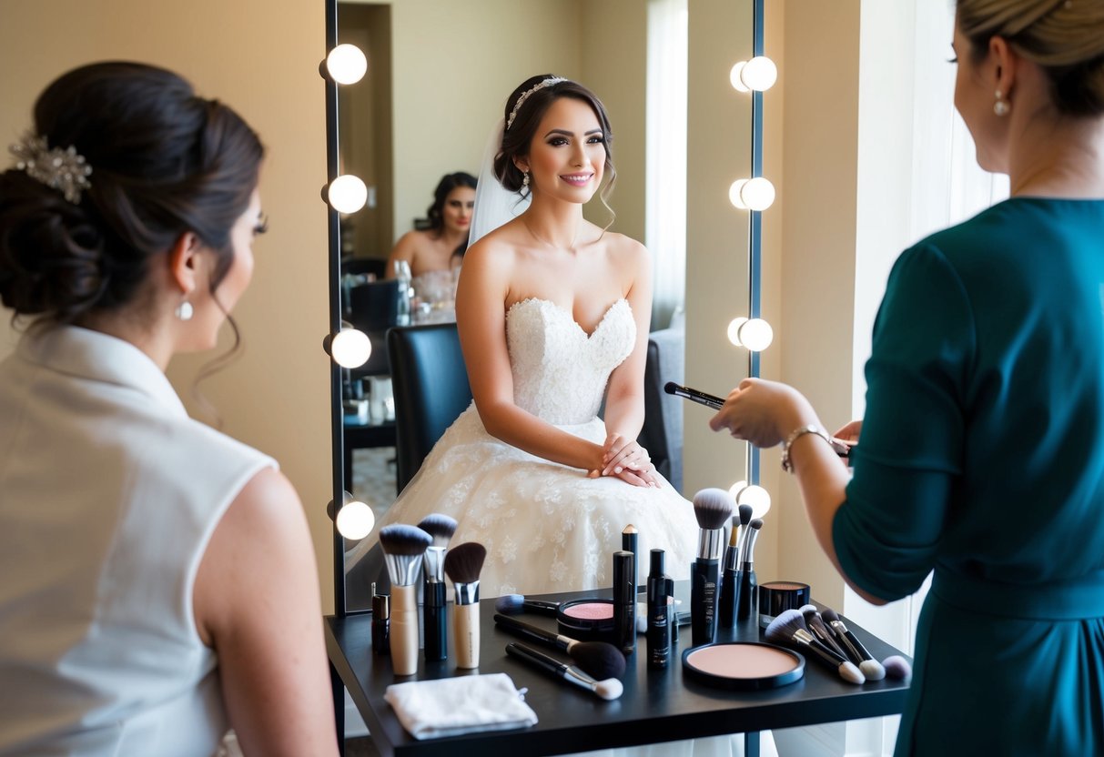 A bride sits in a chair, facing a mirror with makeup products and brushes laid out on a table. A makeup artist stands nearby, ready to begin