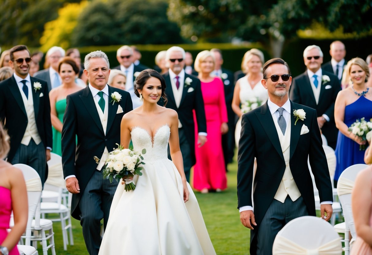 A formal wedding with guests in elegant attire. A woman in a black dress stands out among the vibrant colors