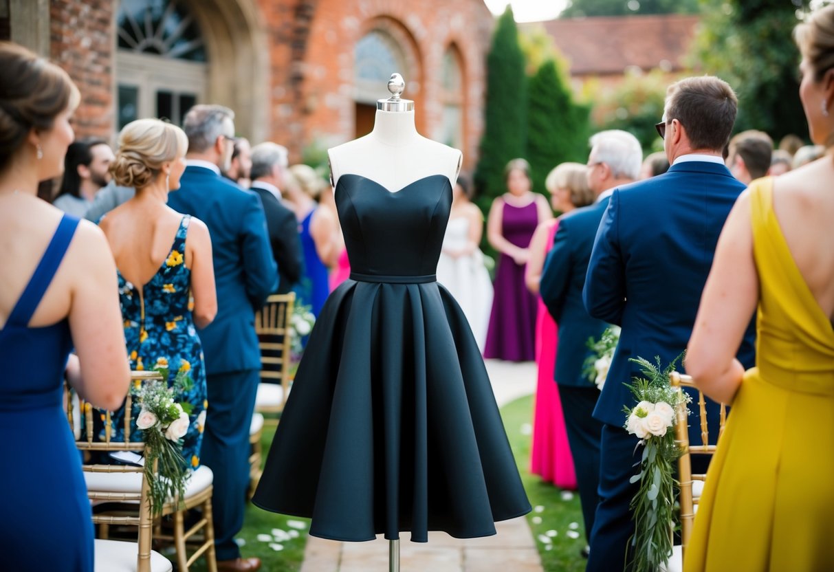 A stylish, comfortable black dress stands out at a wedding, contrasting with the colorful, formal attire of other guests