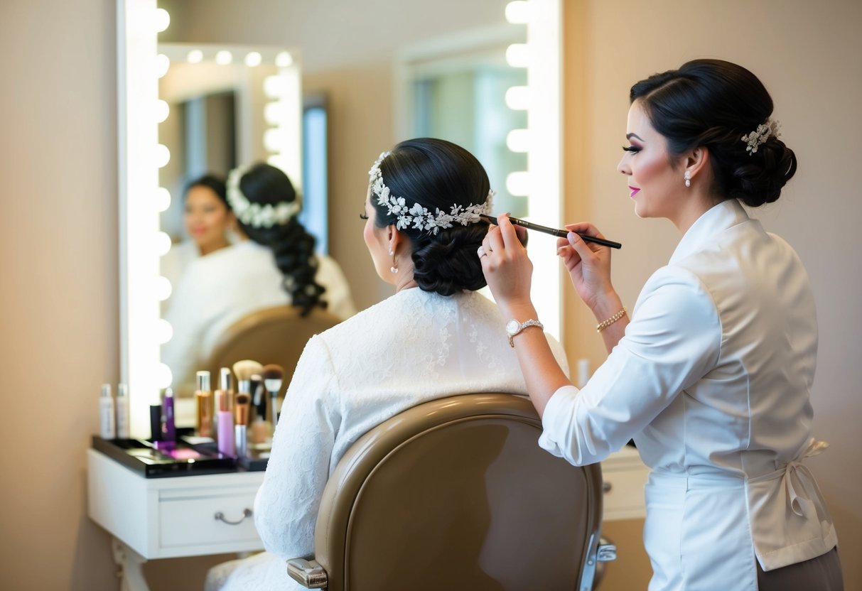 A bride sitting in a chair, facing a mirror, with a makeup artist applying bridal makeup in a well-lit and elegant beauty salon