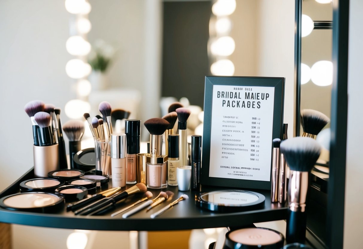 A makeup artist's table with various cosmetic products and tools arranged neatly, a price list for bridal makeup packages, and a mirror with soft lighting
