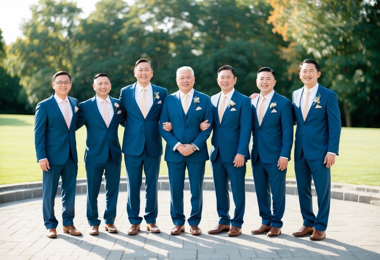 A group of men in matching suits standing together, one slightly older than the others, with a sense of camaraderie and celebration