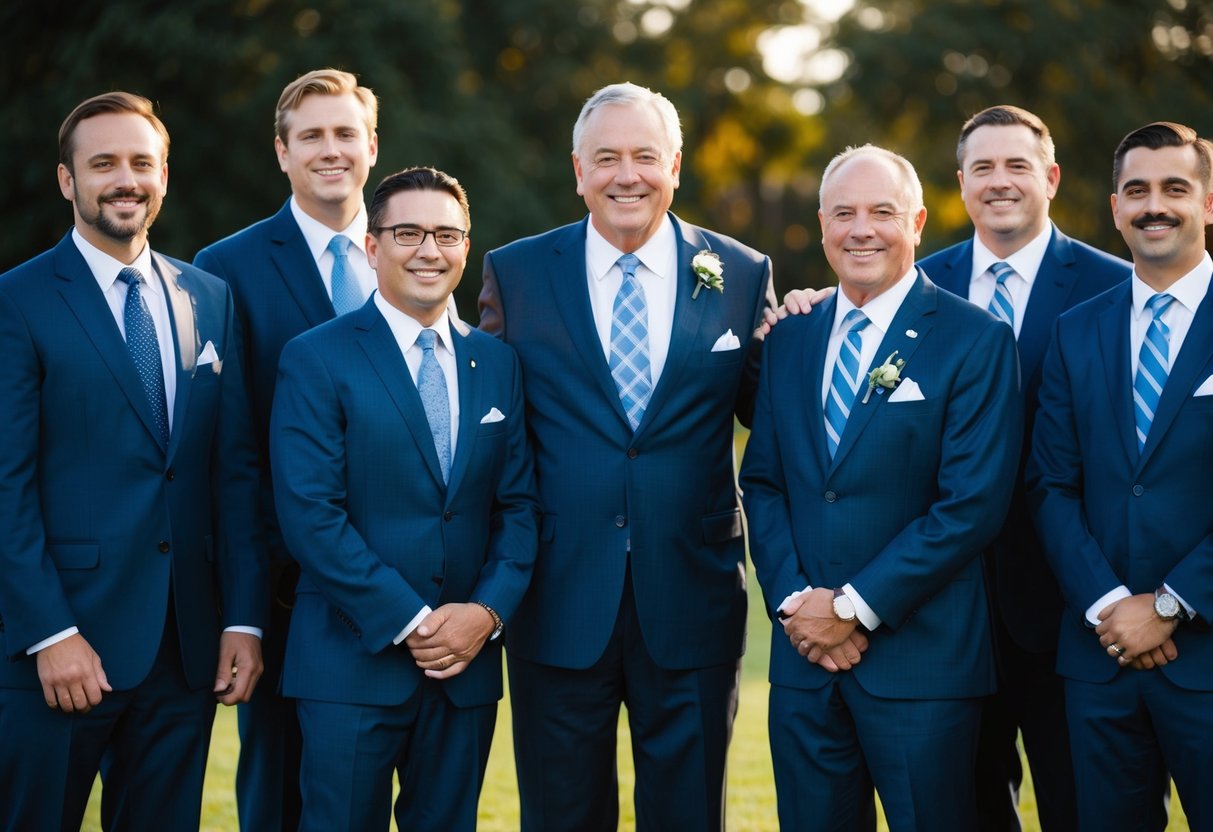 A group of men in suits standing together, one of them slightly older, with a sense of camaraderie and celebration