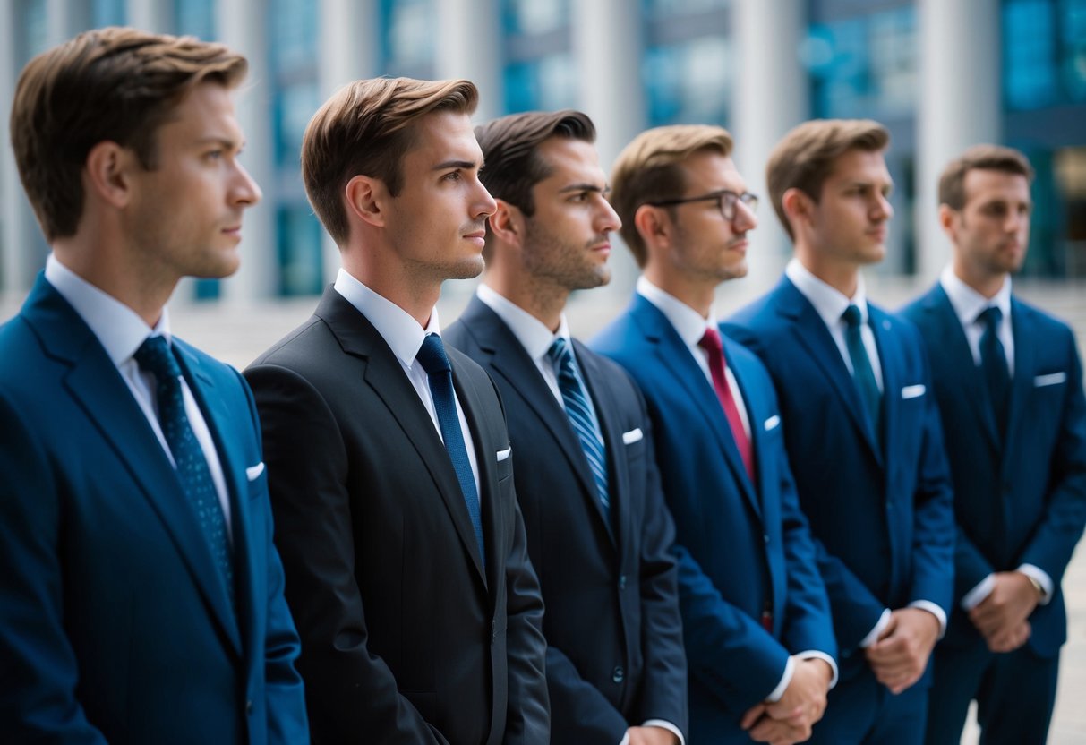 A group of figures in suits and ties stand in a line, one figure slightly apart from the rest, looking contemplative