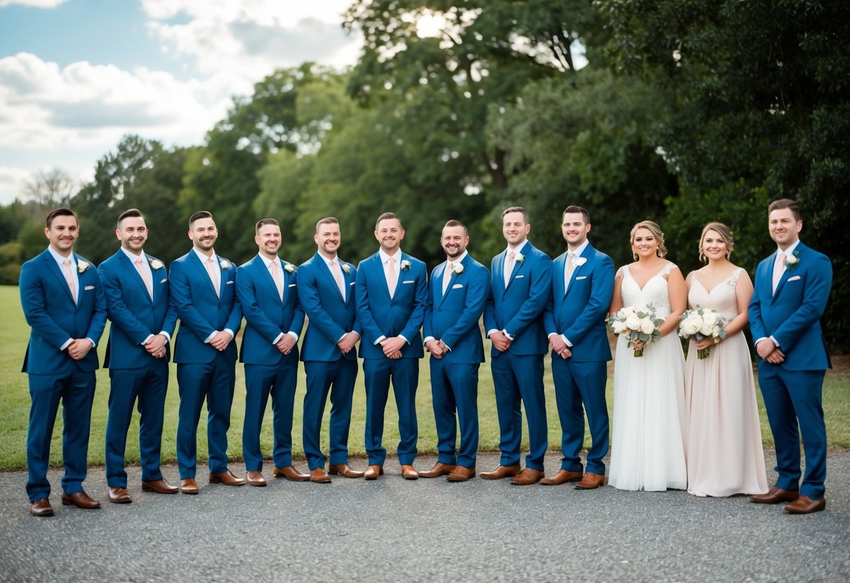 A group of groomsmen stand in a row, dressed in suits, while a smaller group of bridesmaids stand nearby, also dressed in matching attire