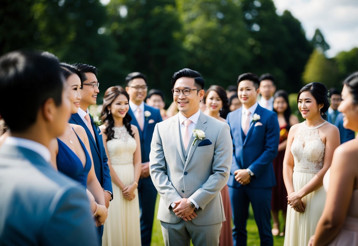 A group of figures gather for a pre-wedding event, with one figure standing out as the center of attention