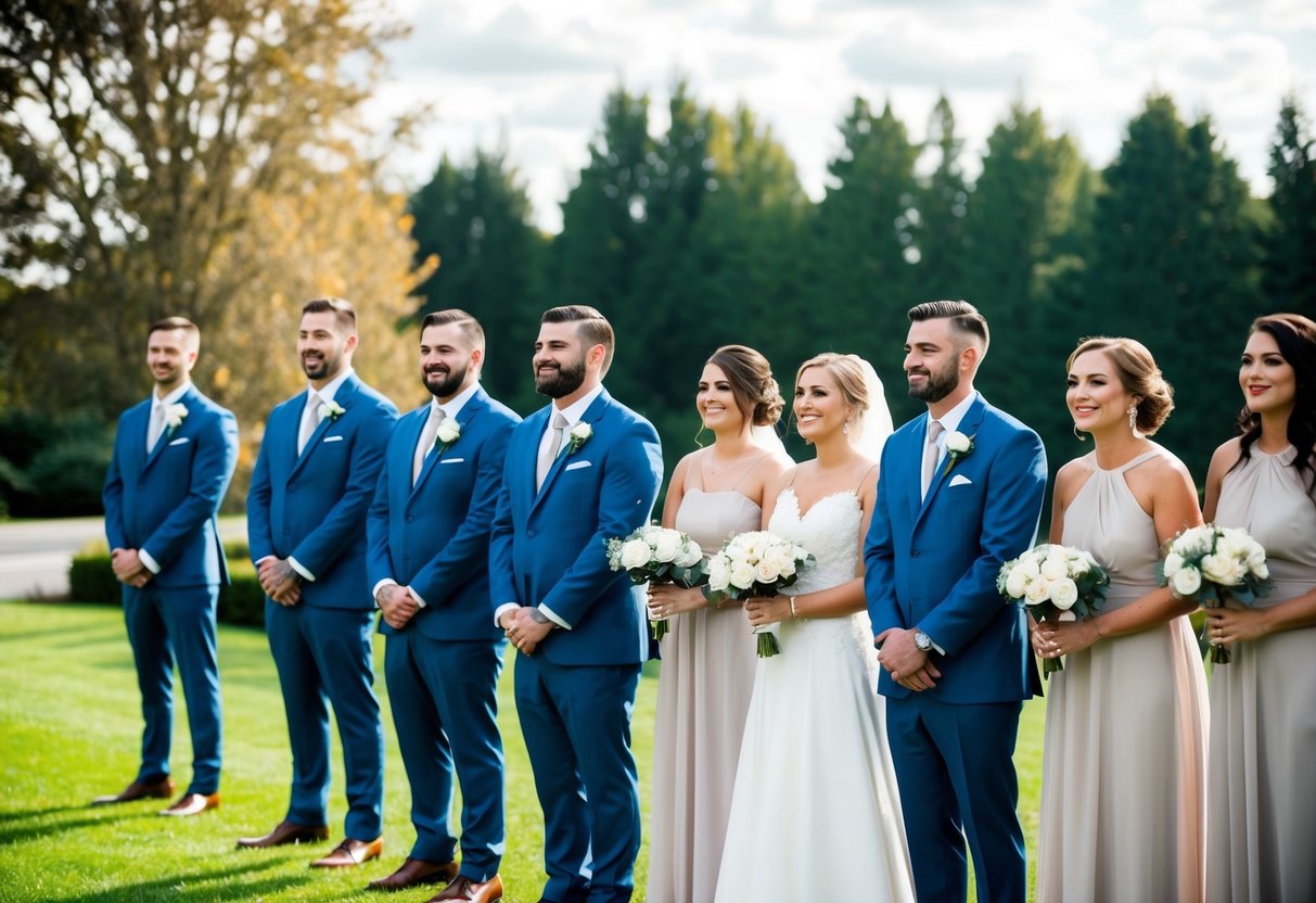 A group of groomsmen and bridesmaids stand in a line, with more groomsmen than bridesmaids. The groomsmen are dressed in matching suits, while the bridesmaids wear coordinating dresses
