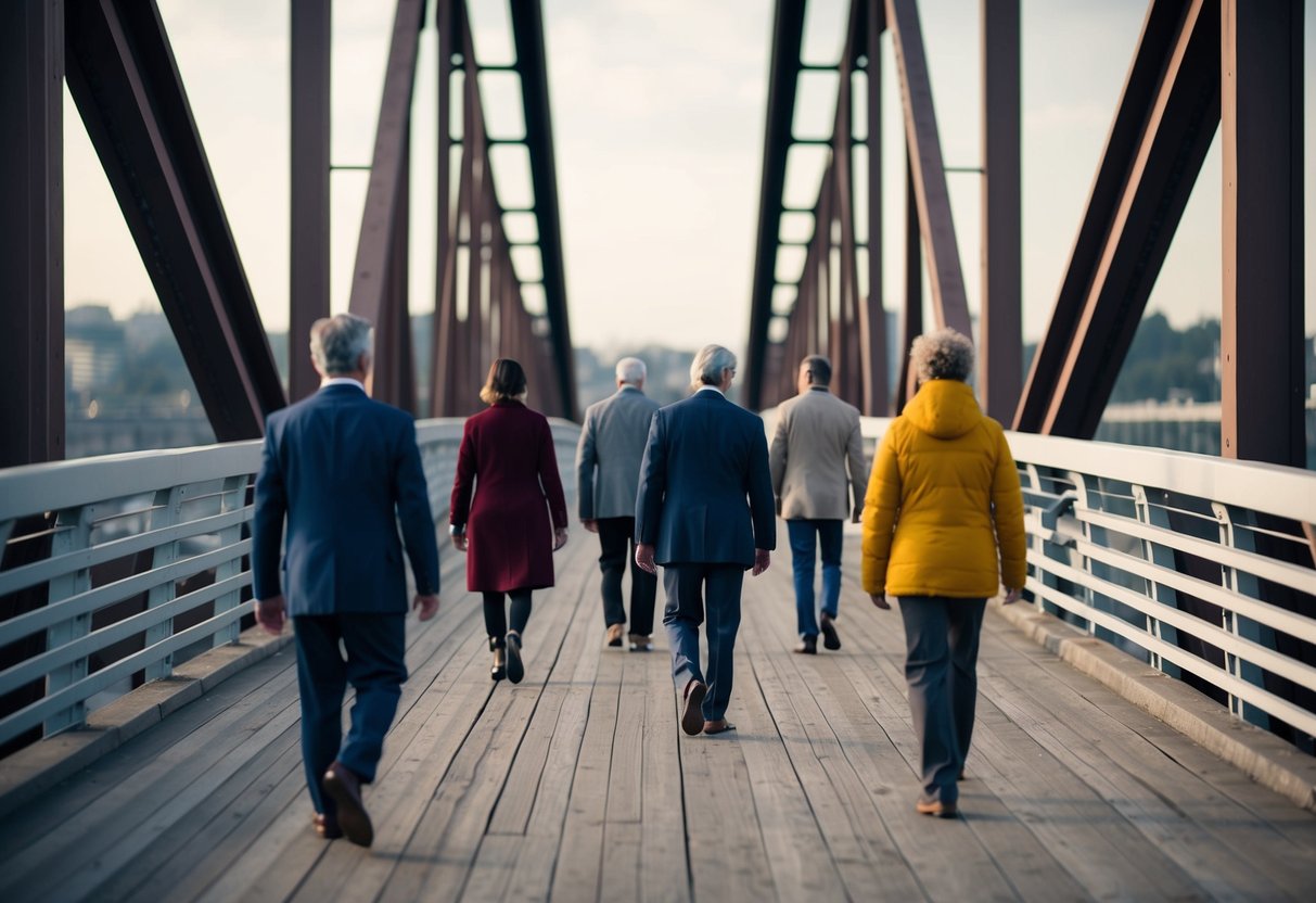 A group of mismatched figures walk on a slanted, uneven bridge