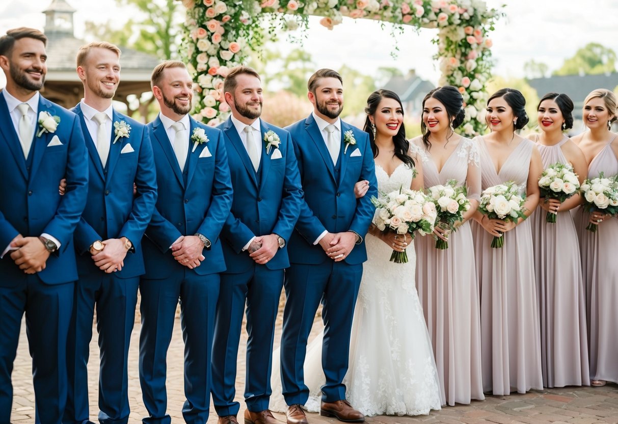 A group of groomsmen and bridesmaids stand in a line, with the groomsmen outnumbering the bridesmaids. The setting is a beautiful outdoor wedding venue, with flowers and decorations adding to the romantic atmosphere