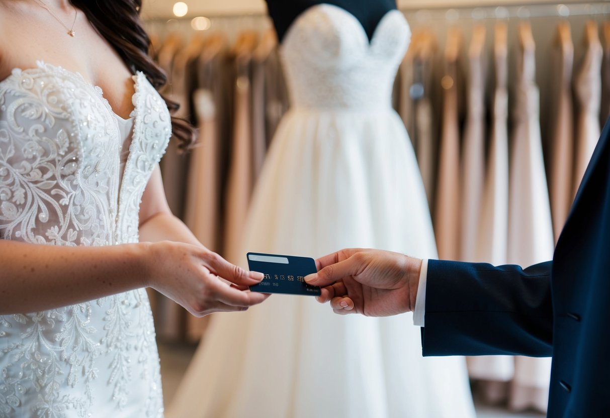 A bride handing over a credit card to a salesperson at a bridal boutique