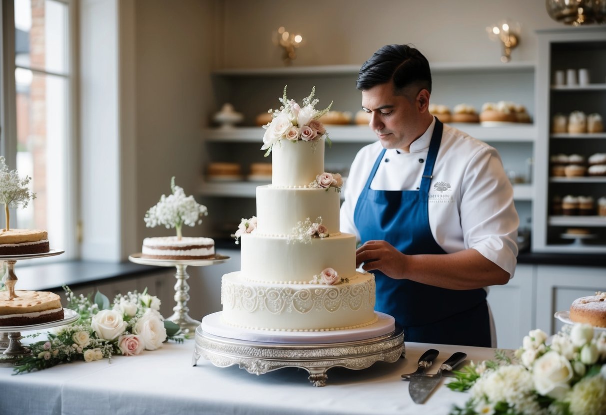 A baker carefully crafts a tiered wedding cake, adorned with intricate details and delicate flowers, displayed in an elegant bakery setting