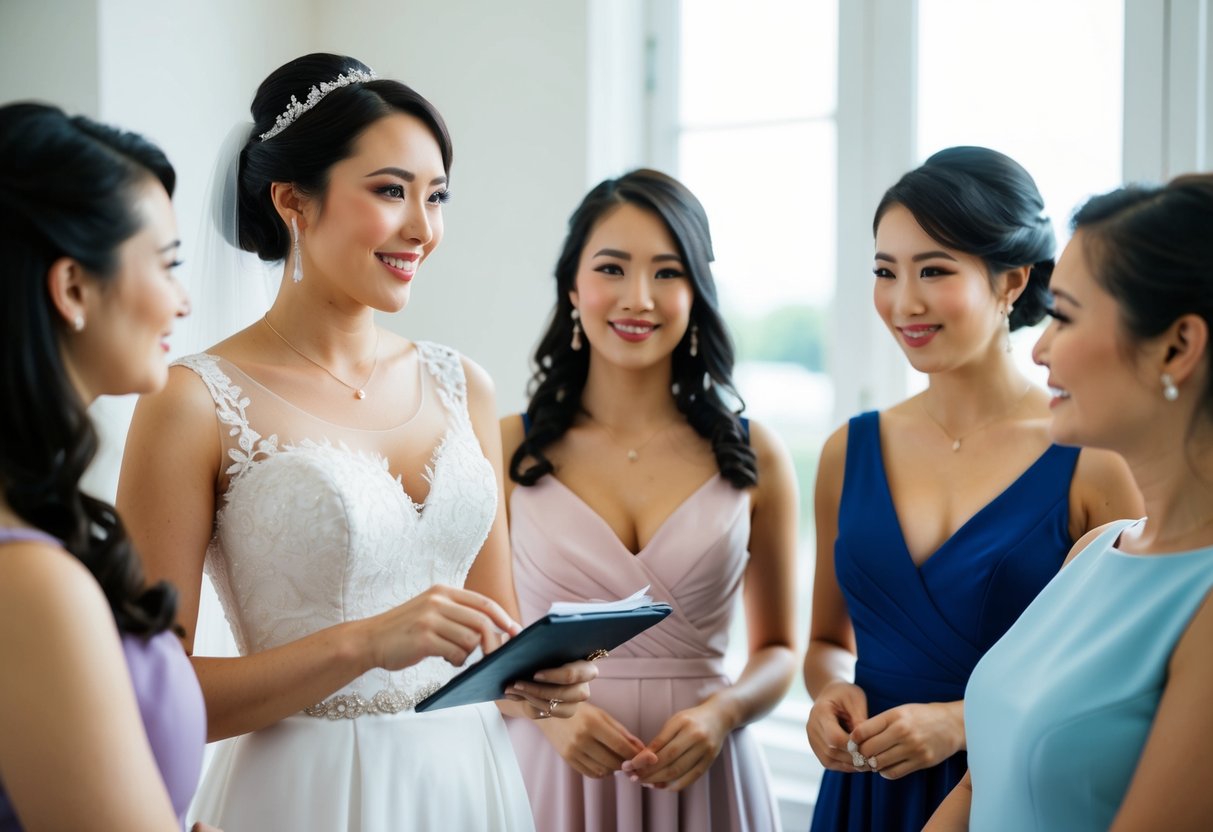 A bride holding a checkbook while discussing bridesmaid dresses with a group of women