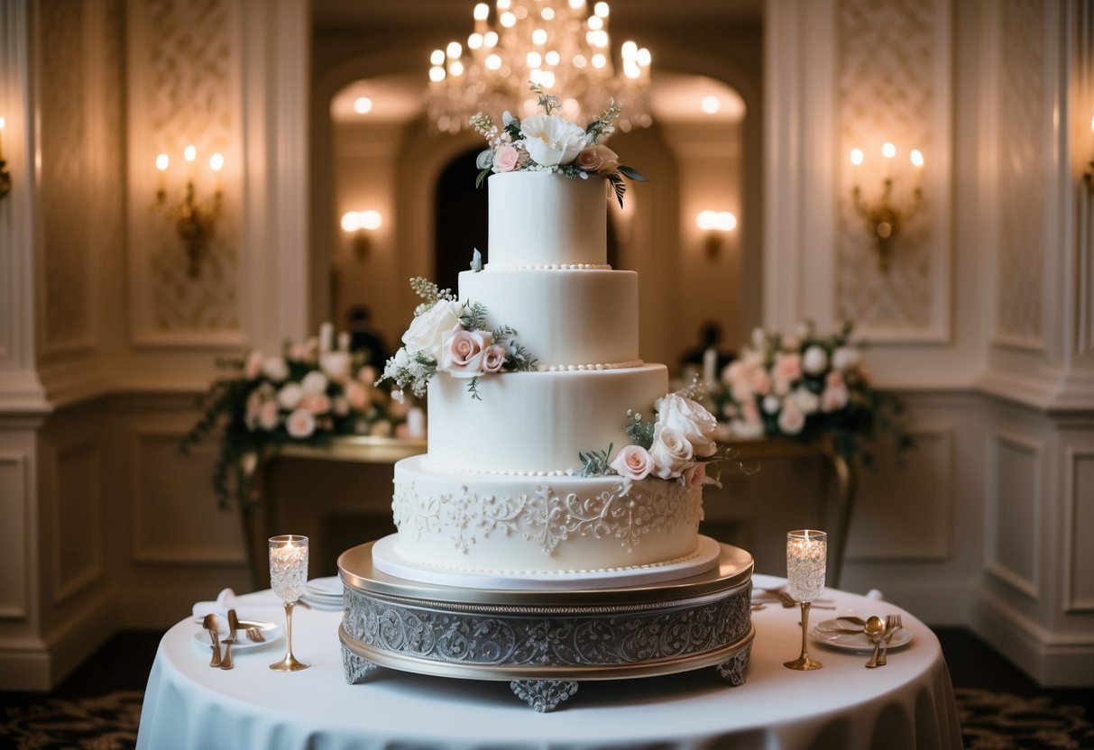 A tiered wedding cake displayed on a elegant table with intricate details and floral decorations, surrounded by a romantic and luxurious atmosphere