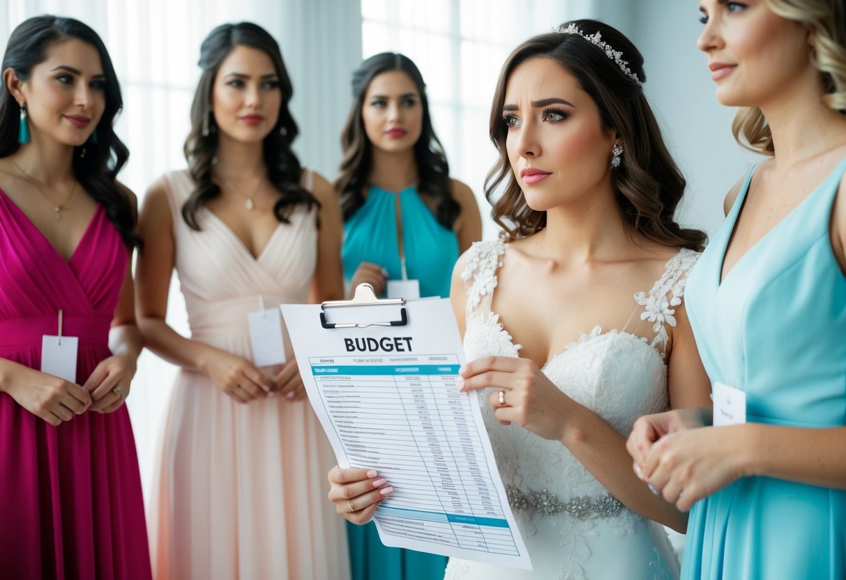 A bride holding a budget spreadsheet, surrounded by bridesmaid dress options and price tags, looking concerned