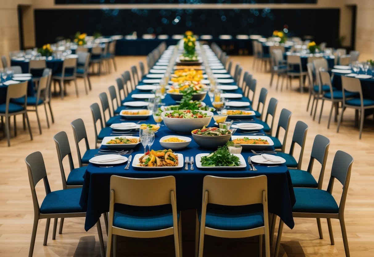 A table covered with various food items and serving dishes, surrounded by 50 empty chairs in a large dining hall