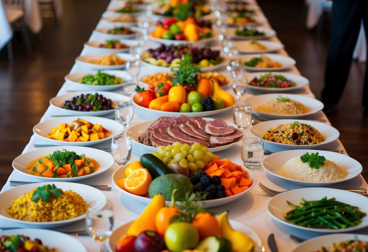 A long banquet table with an array of colorful and diverse dishes, including fruits, vegetables, meats, and grains, enough to serve 50 guests