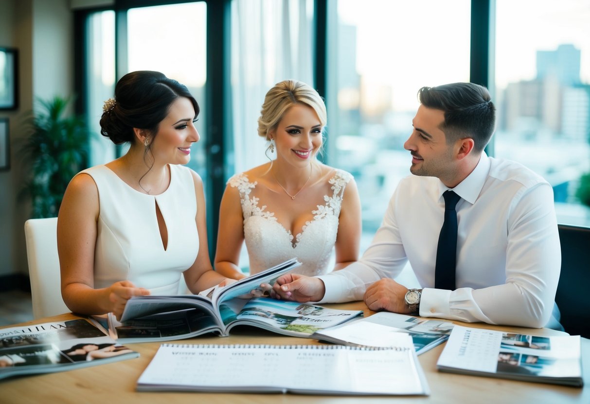 A couple sits at a table, surrounded by wedding magazines and a calendar. They discuss and plan their future nuptials