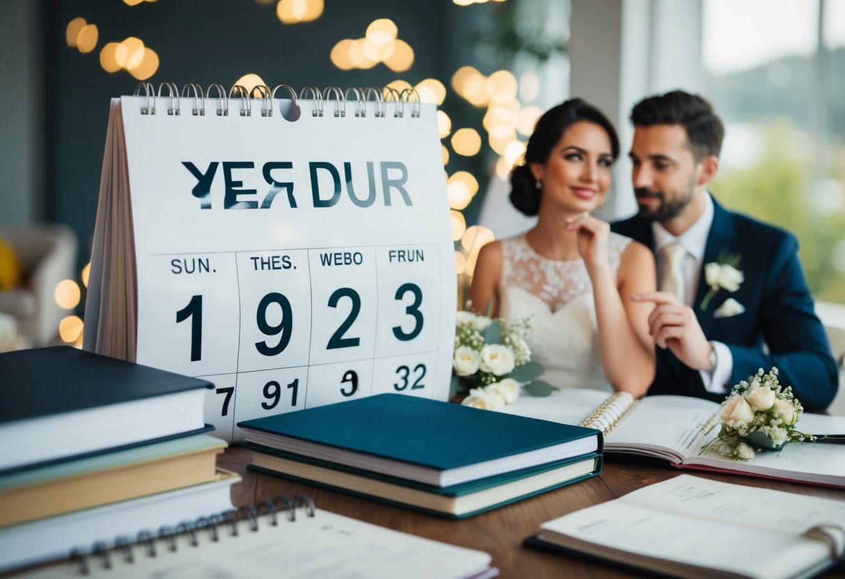 A calendar with the date two years in the future, surrounded by wedding planning books and a thoughtful couple discussing their options