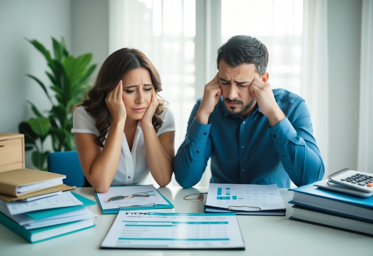A couple sits at a table with bills and a calendar, looking stressed and confused. They are surrounded by financial planning books and budget spreadsheets