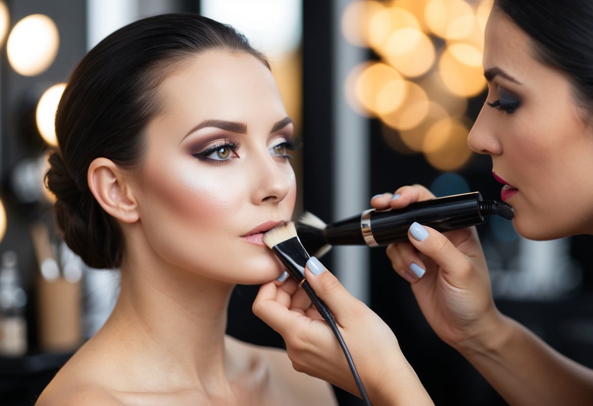 A makeup artist applies traditional makeup on one side of a model's face, while airbrush makeup is applied on the other side