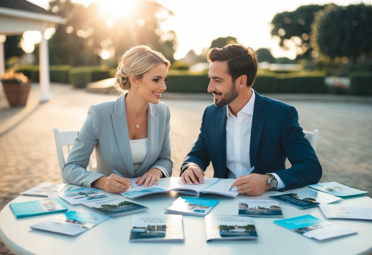 A couple sits at a table surrounded by wedding vendor brochures and venue pamphlets, discussing their options and making notes in a planner
