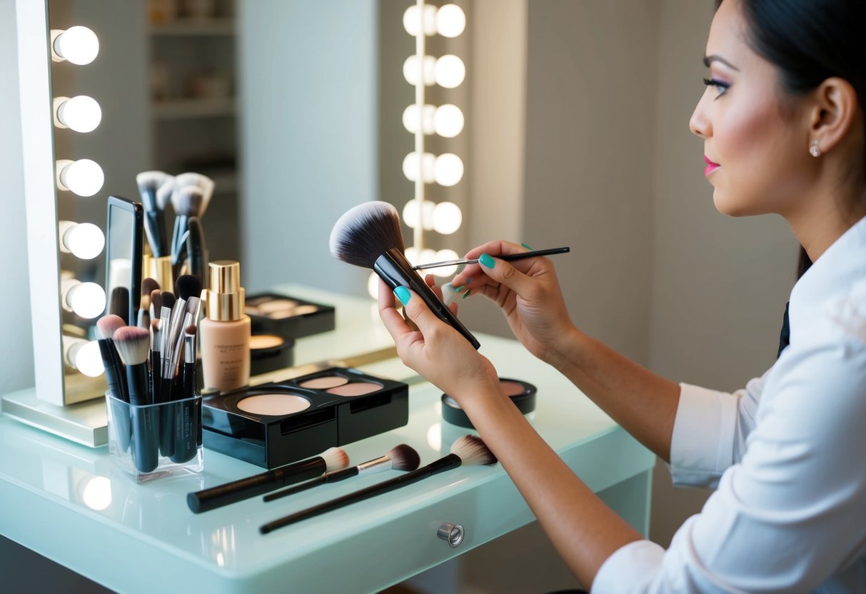 A makeup artist uses traditional tools to apply makeup on a clean, well-lit vanity table