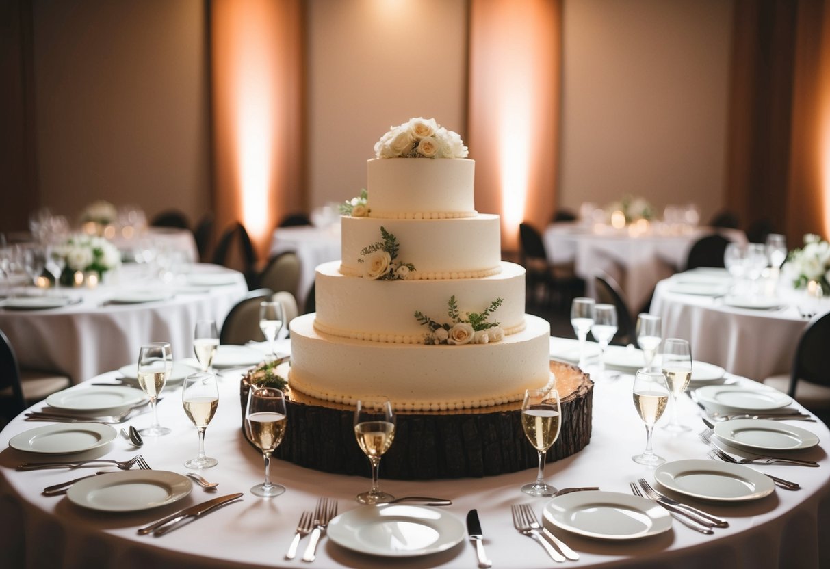A large cake surrounded by 100 individual place settings