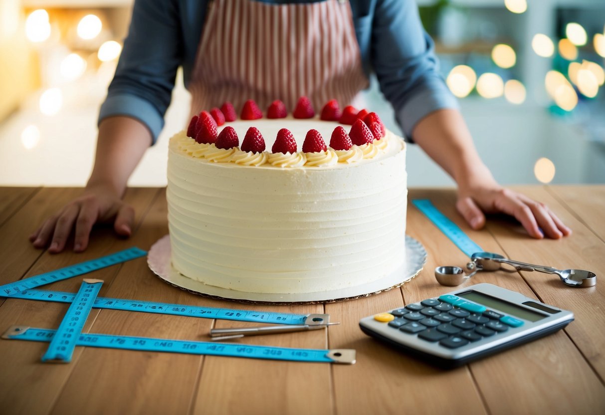 A large cake surrounded by measuring tools and a calculator, with a person pondering the appropriate size for 100 people