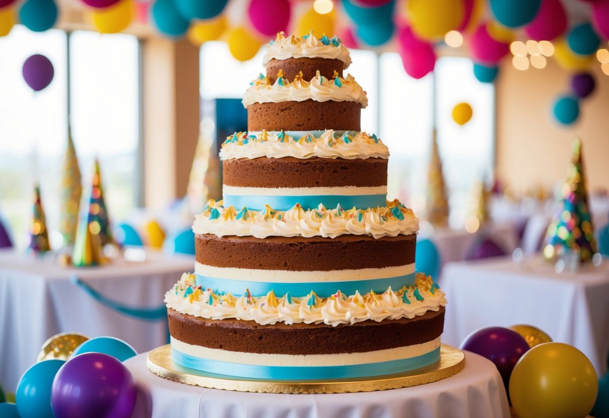A large tiered cake with multiple layers and decorative frosting, surrounded by festive party decorations