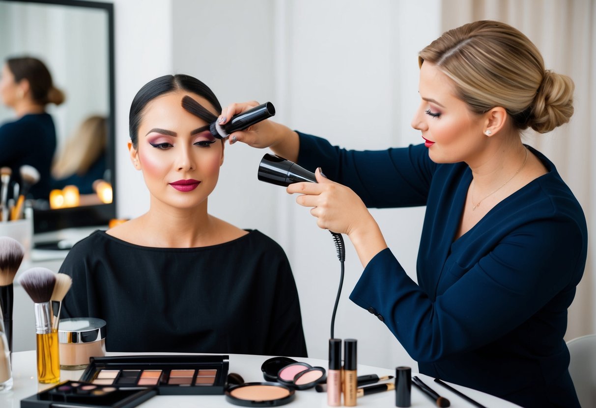 A makeup artist comparing traditional and airbrush makeup on a model's face, with various makeup tools and products laid out on a table