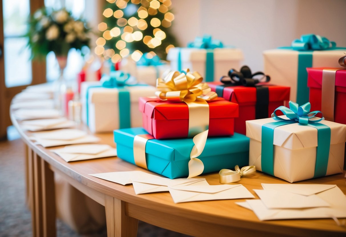 A wedding gift table with wrapped presents and envelopes