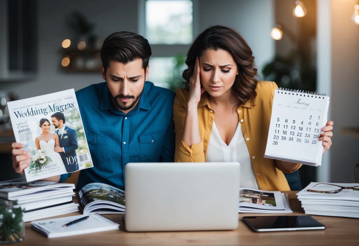 A couple surrounded by wedding magazines, a calendar, and a laptop, looking stressed and overwhelmed