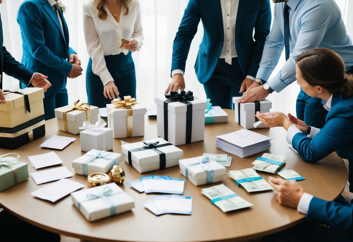 A table with a variety of wedding gift options, including gift cards, household items, and monetary envelopes, surrounded by a group of people discussing and comparing different options