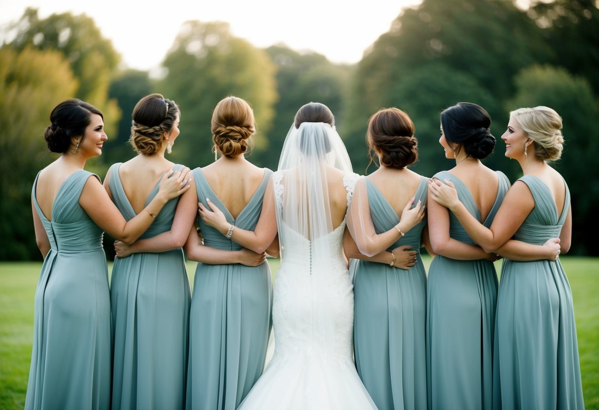A bride and her bridesmaids stand together, each with their own unique hairstyle, showcasing the role of hairstyles in wedding aesthetics