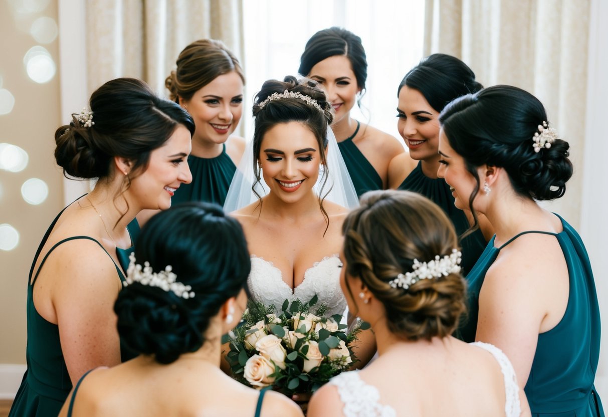 Bridesmaids with varied hairstyles surround a central figure with a distinct bridal hairstyle, each showcasing their own unique styling choices