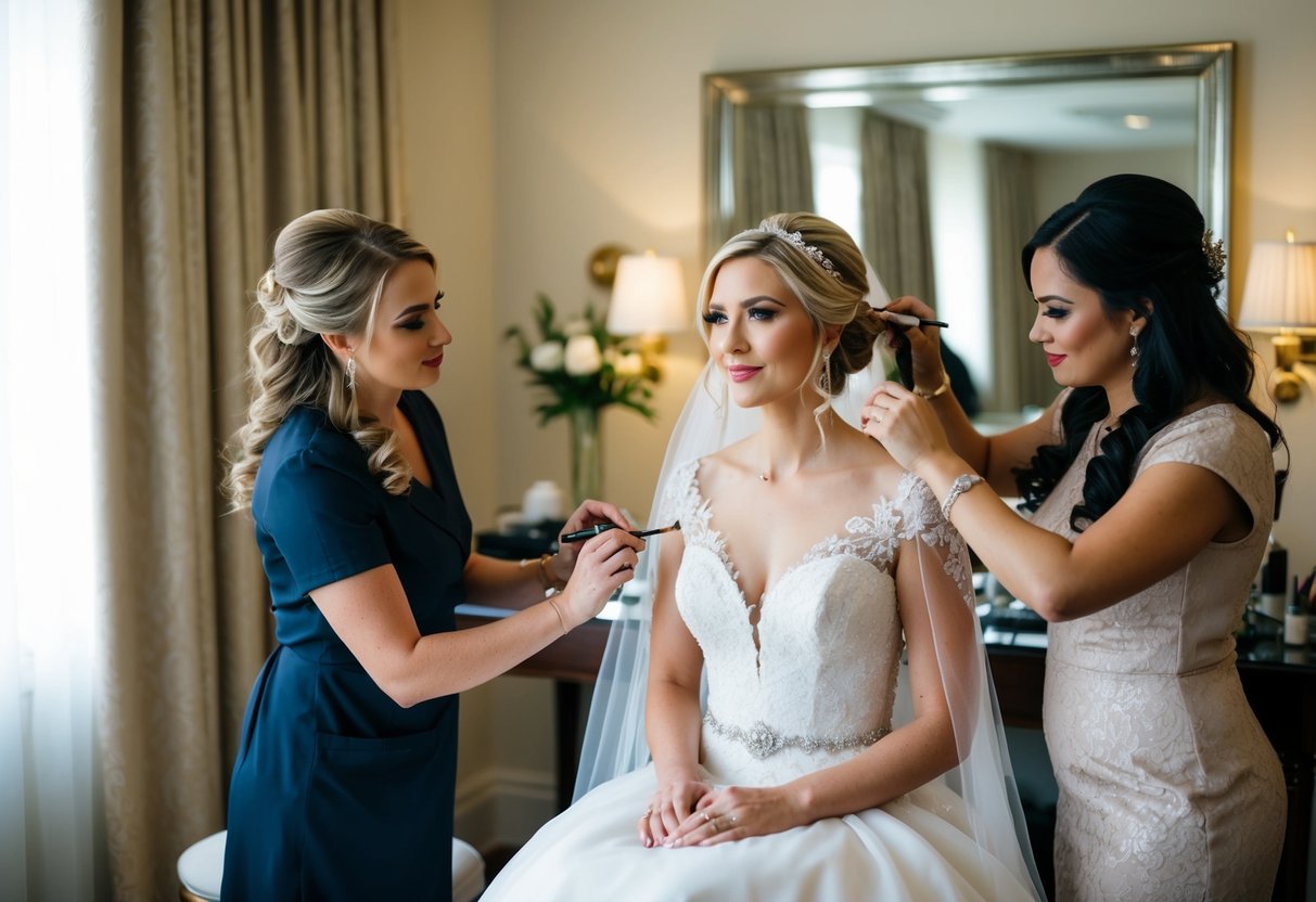 A bride sits patiently as a makeup artist and hairstylist work on her in a well-lit and elegant bridal suite