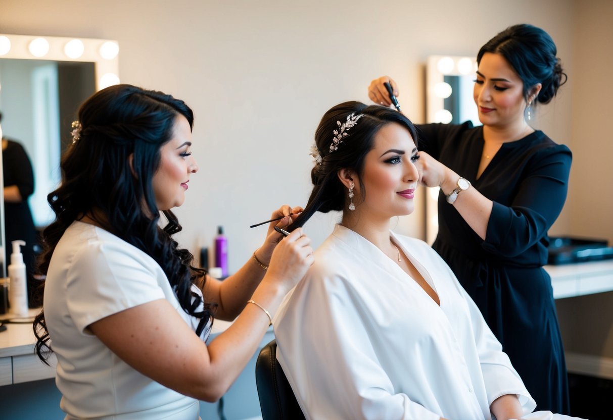 A bride sitting in a chair with a hairstylist and makeup artist working on her simultaneously